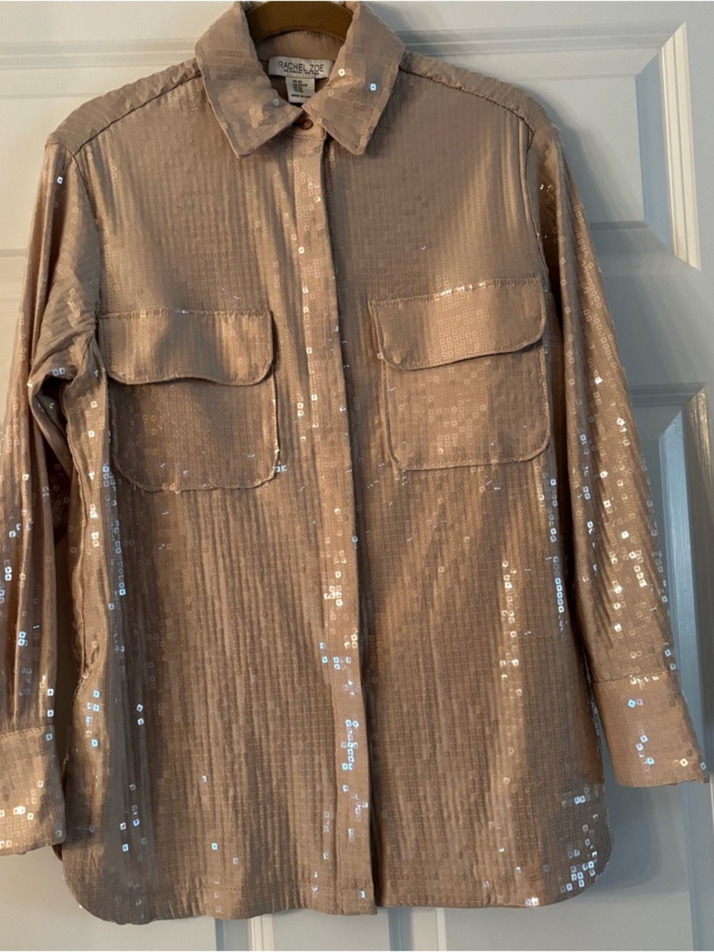 NEW Rachel Zoe Sequin Button-Up Shirt Blouse Quiet Luxury Champagne Sand